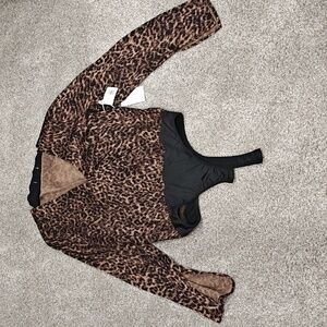 GOOD AMERICAN NWT SATIN WRAP SEPIA LEOPARD BODYSUIT. SIZE 2 (M)